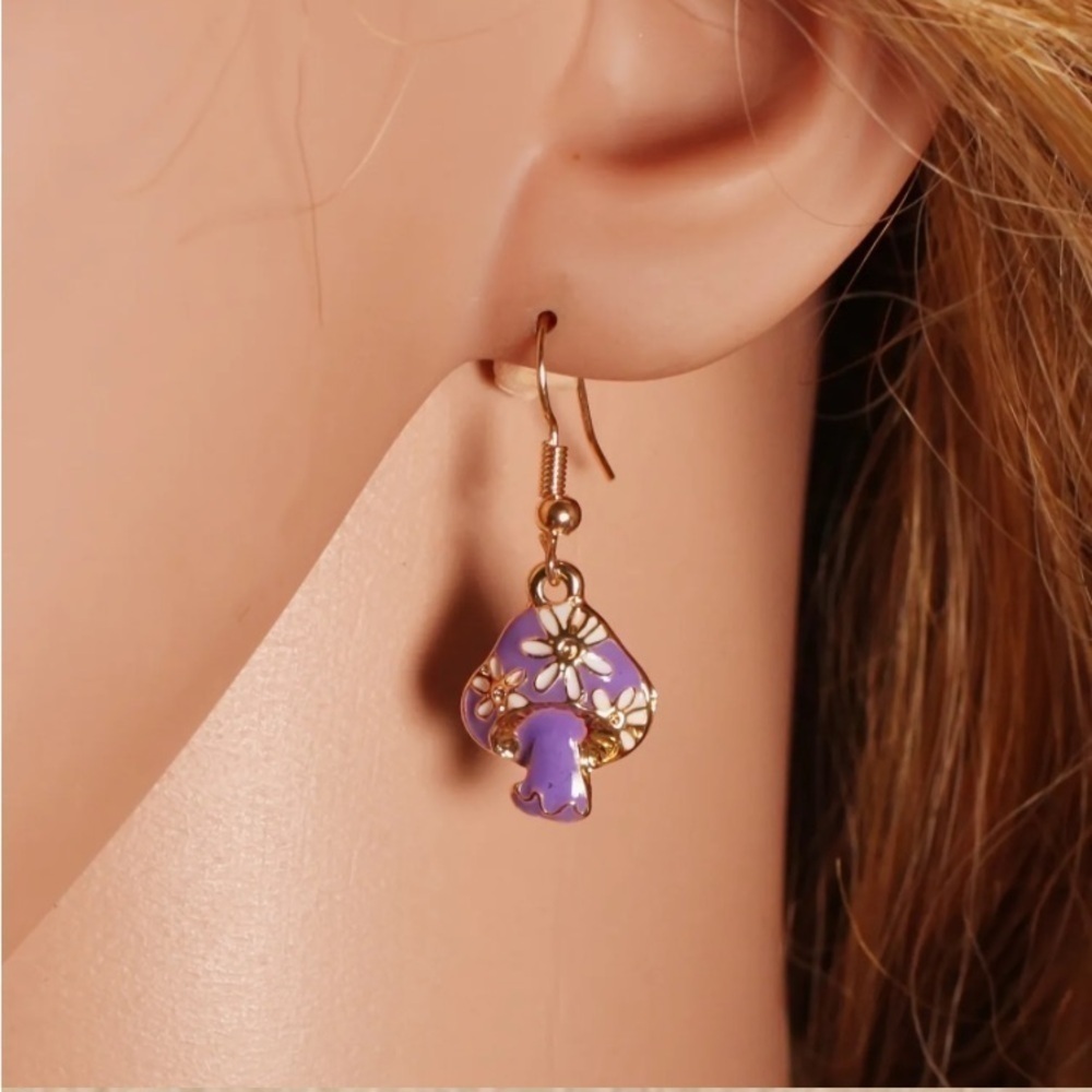 Purple Mushroom Dangle Earrings - Picture 3 of 4